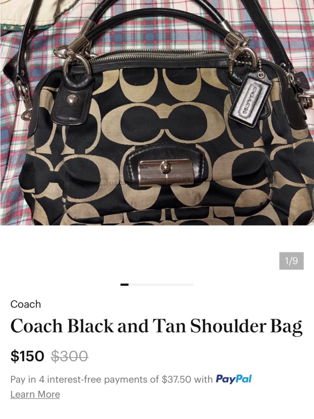 Coach Tan and Black Signature Canvas Shoulder Bag